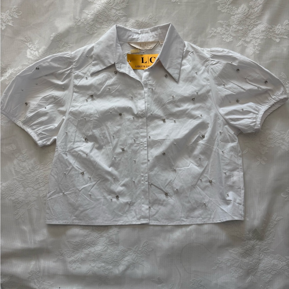 White Short Sleeve Embellished Blouse